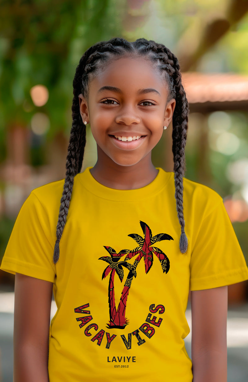 Mustard Vaycay Vibes African Print Short Sleeve Kids T-Shirt | CALABAR