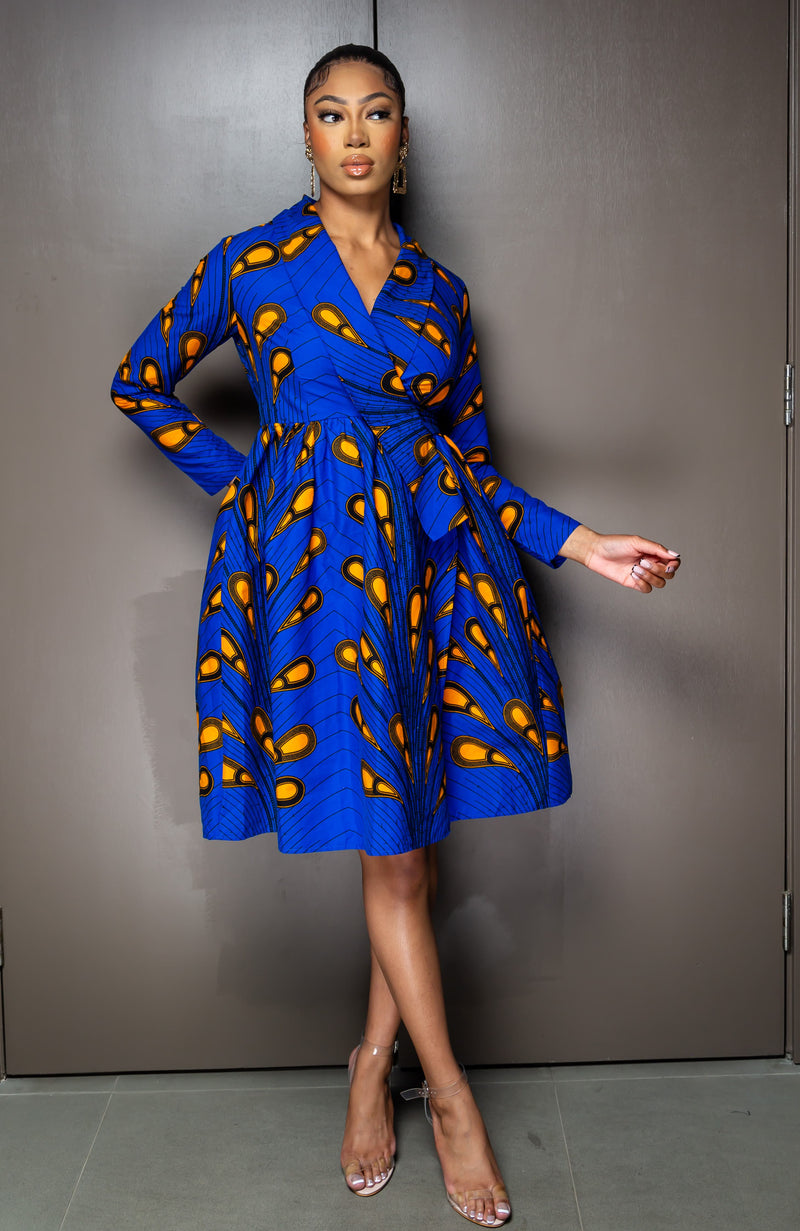 Laviye African Print Blue Wrap Midi Dress