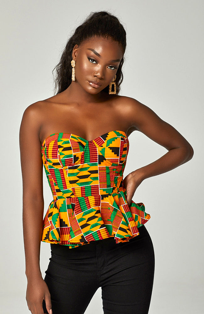 Kente Corset Peplum Orange Blouse |  African Print Sleeveless - KENYA