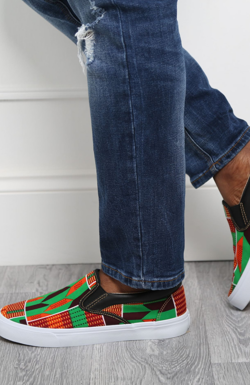 Men's African Slip On Sneakers | LAVIYE Green Kente Sneakers - ACCRA