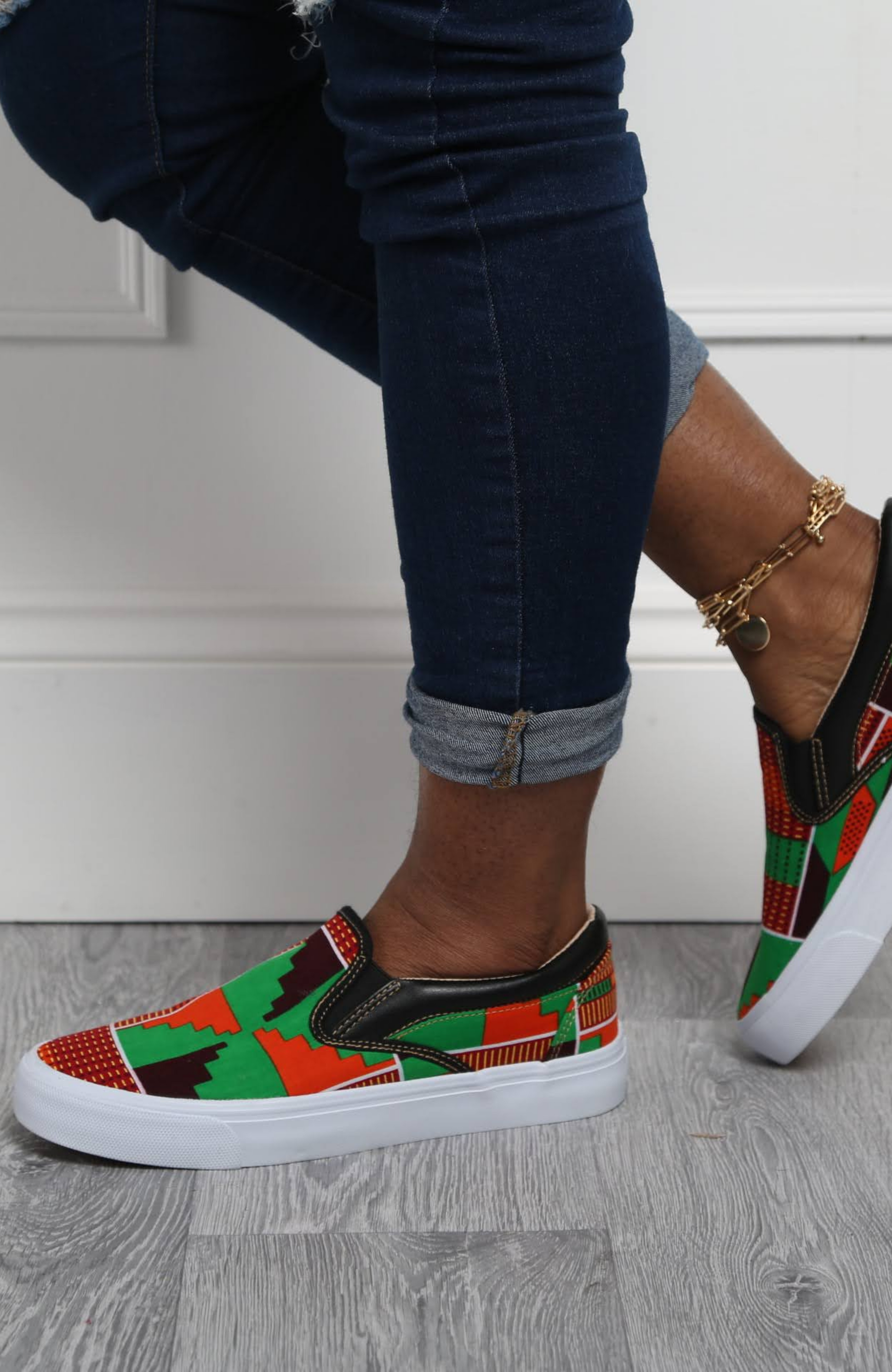 African Print Slip On Sneakers LAVIYE Green Kente Sneakers ACCRA