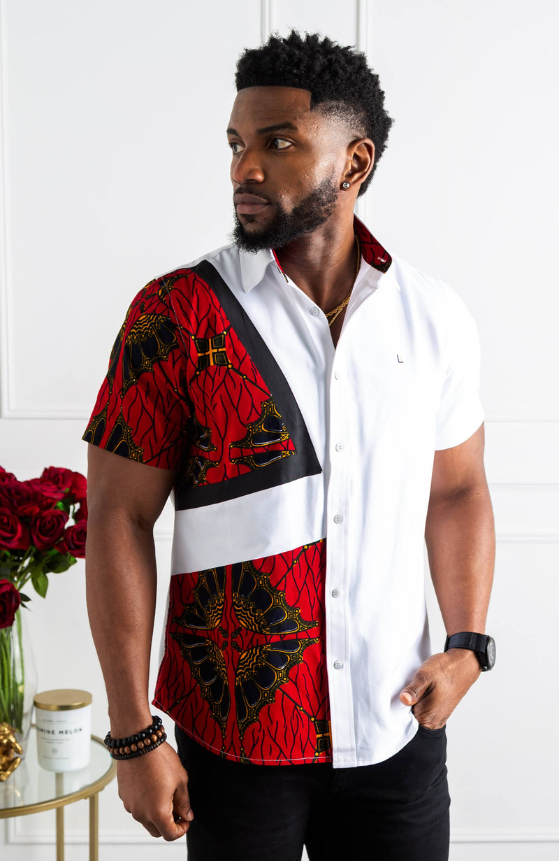 African Print Button Down Shirt | Asymmetric Short Sleeve Shirt - CHARLES