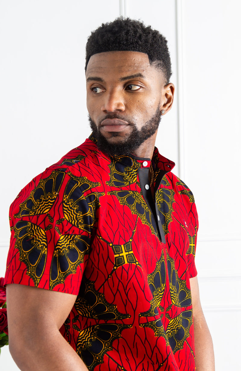 African Print Polo Shirt for Men | Grandad Collar Ankara Shirt - CHARLES