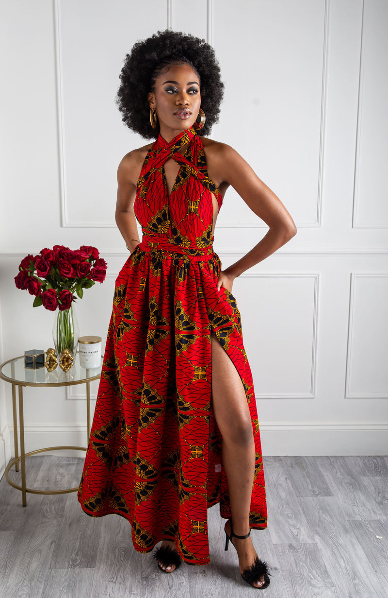 African Print Red Multiway Infinity Maxi Dress - Cordelia