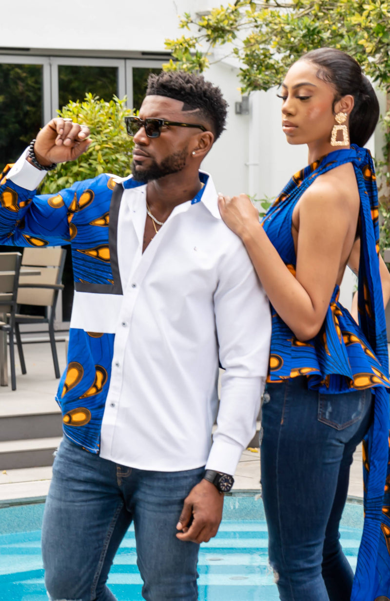Mens Ankara Shirt | Mens African Shirt - Skinny Fit White Button Down Asymmetrical Shirt - ELIJAH
