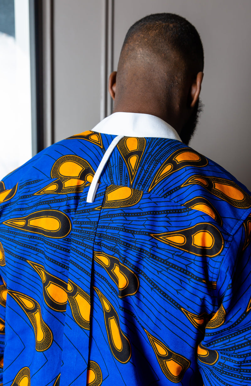 Men's Grandad Collar Etibo Shirt | Long Length African Print Shirt - ELIJAH