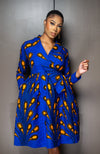African Print Fit and Flare Shawl Collar Wrap Dress - ELLA