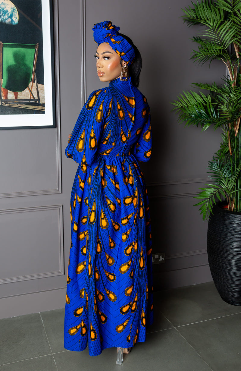 Blue Long Sleeve African Maxi Dress