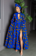 Blue Long Sleeve African Maxi Dress | African Party Dress - ELLA