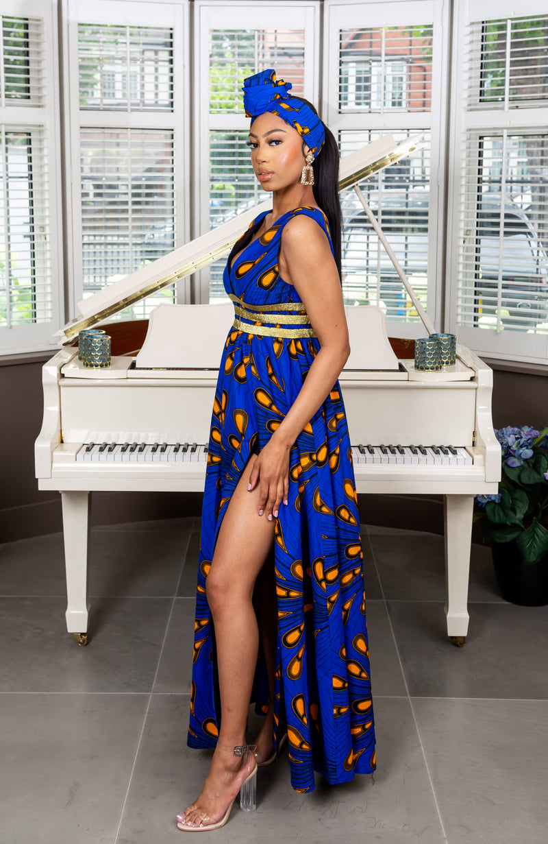 African Print Blue Plunge Neckline Maxi Dress - ELLA