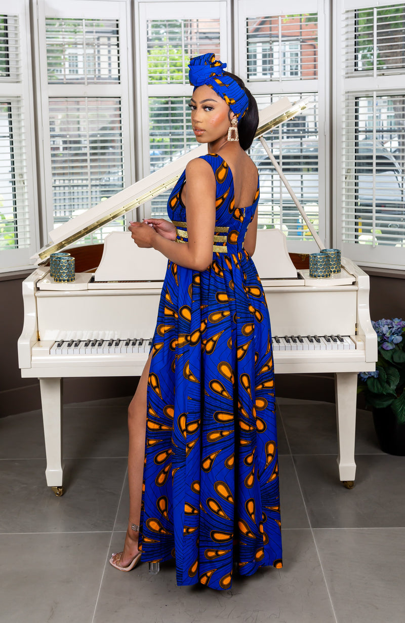 African Print Blue Plunge Neckline Maxi Dress - ELLA