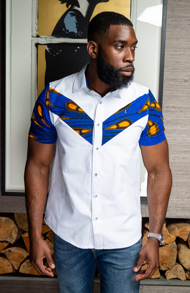 V-Shaped Ankara Shirt for Men | Short Sleeve African Print Shirt - ELIJAH
