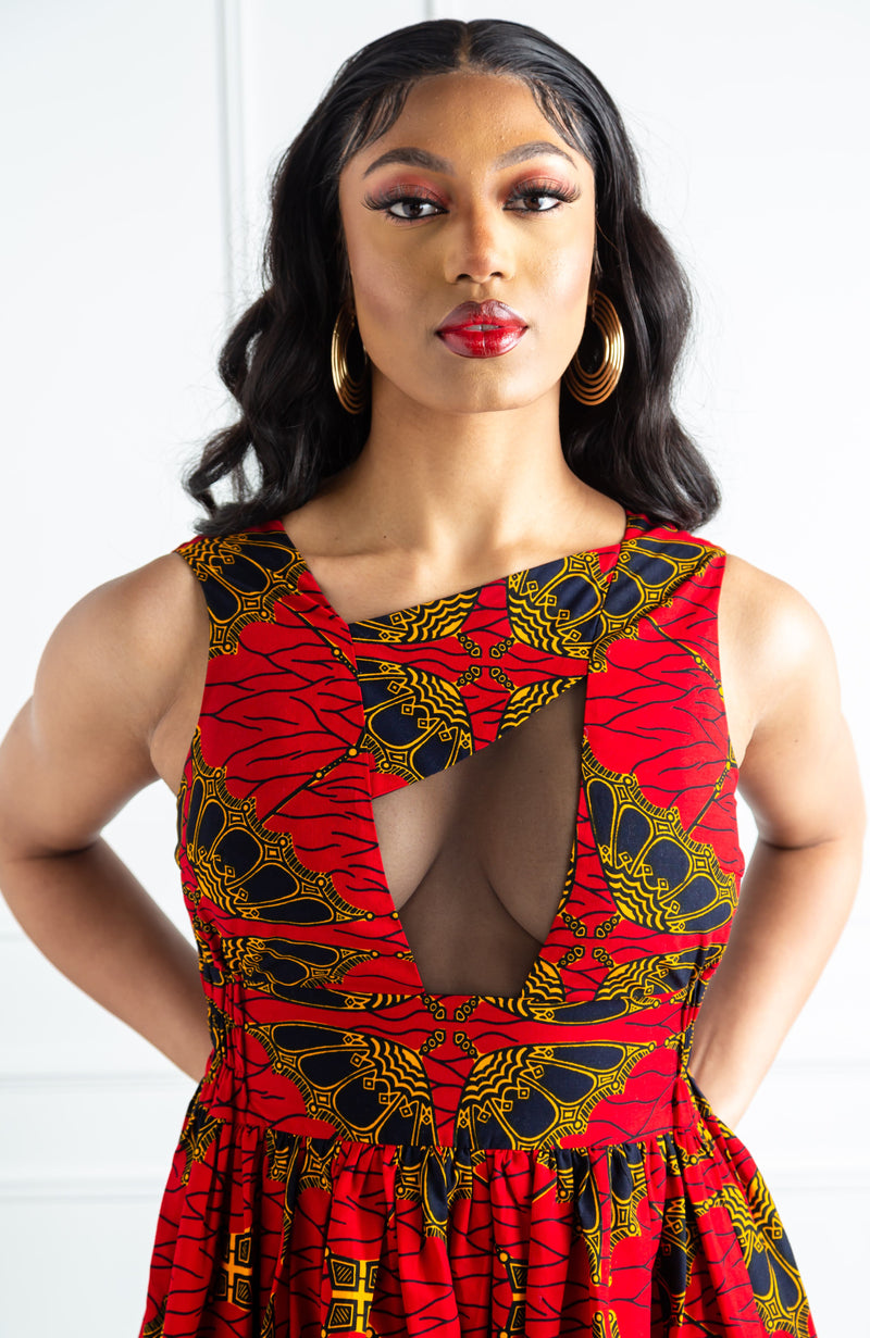 Front Mesh Panel African Print Sleeveless Maxi Dress - CORDELIA