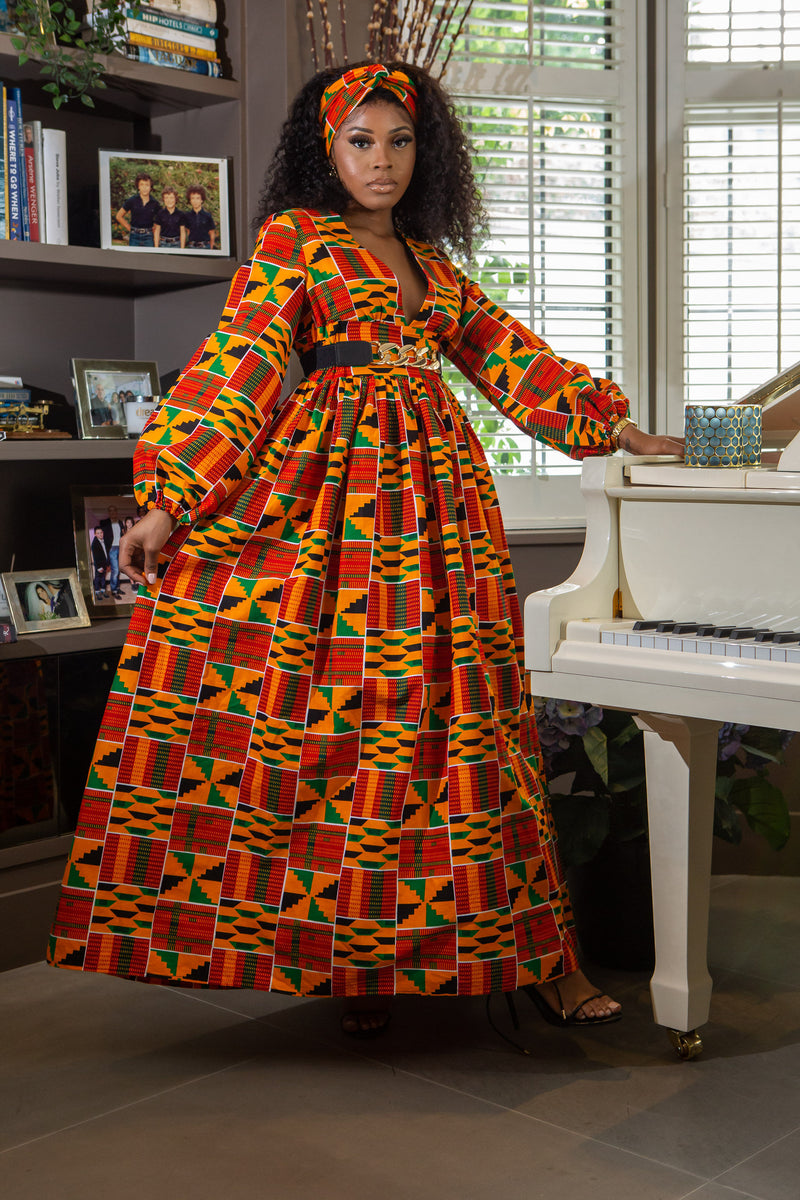 Low Neck Deep V Long Sleeve | African Maxi Dress  - KENYA