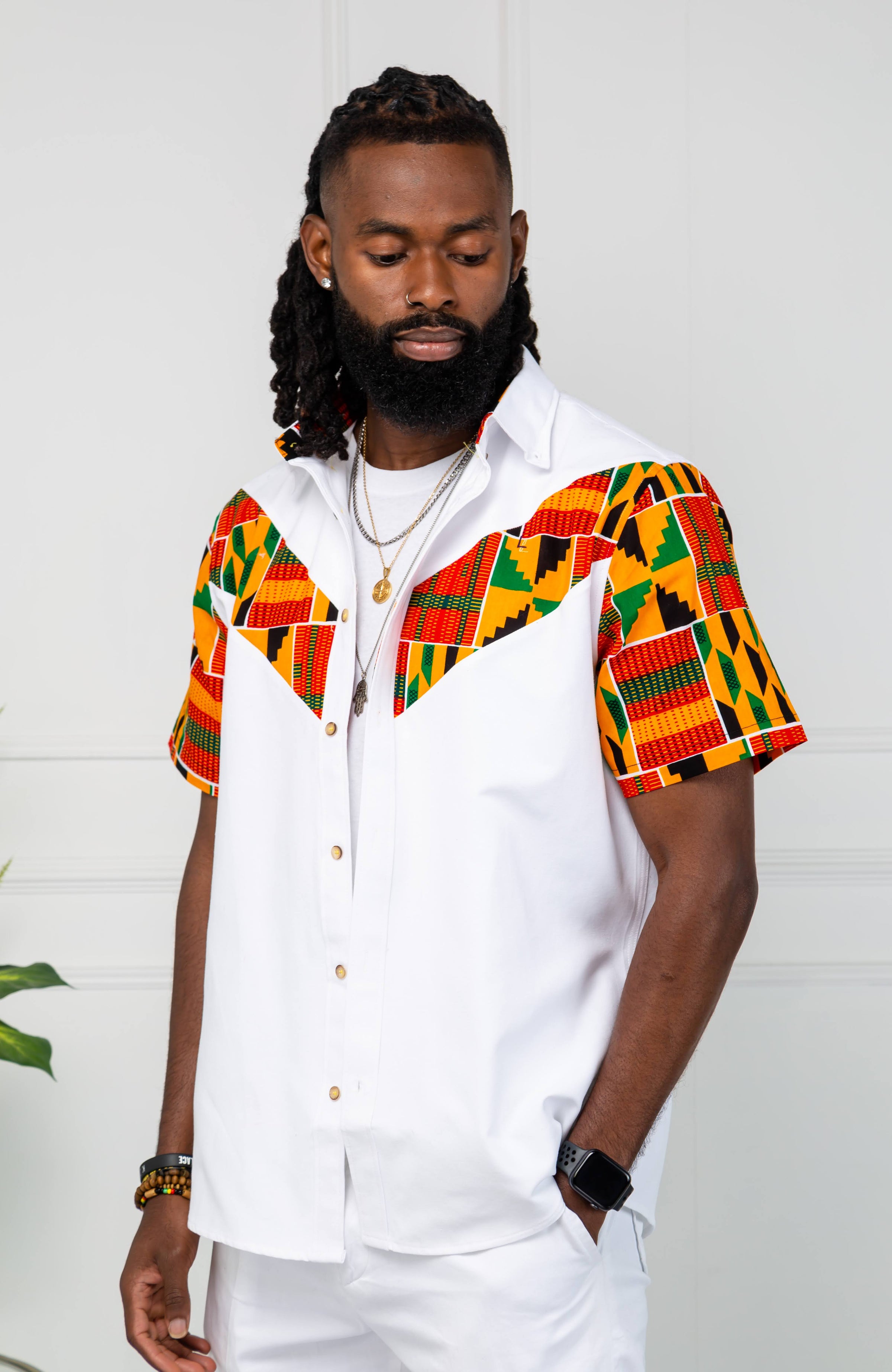African Print V-Shaped Shirt for Men | Short Sleeve Ankara Shirt
