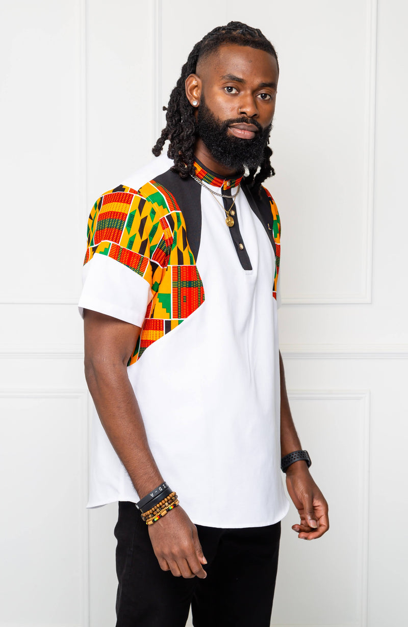 African Print Polo Shirt for Men | Kente Shirt for Men - Short Sleeve Asymmetric Shirt - KENDRICK