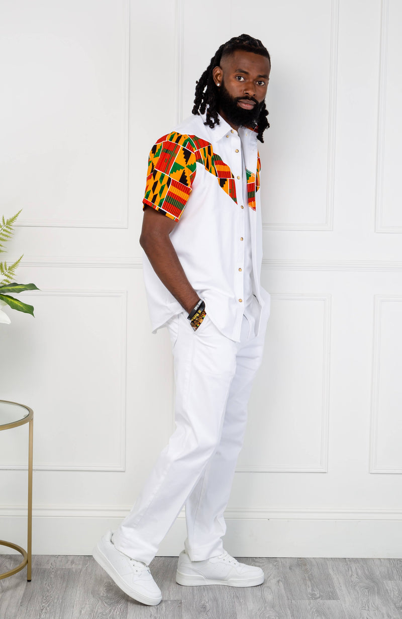 African Print V-Shaped Shirt for Men | Short Sleeve Ankara Shirt - KENDRICK