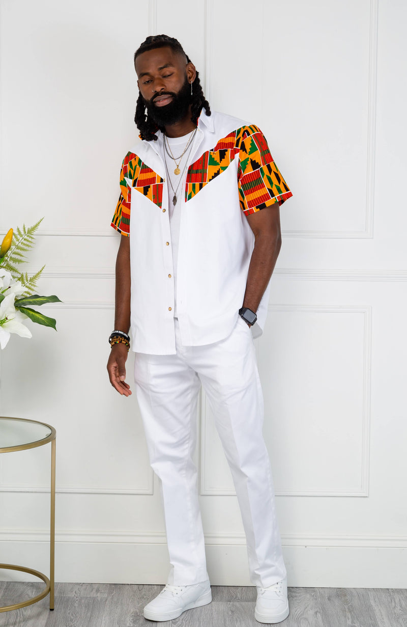 African Print V-Shaped Shirt for Men | Short Sleeve Ankara Shirt - KENDRICK