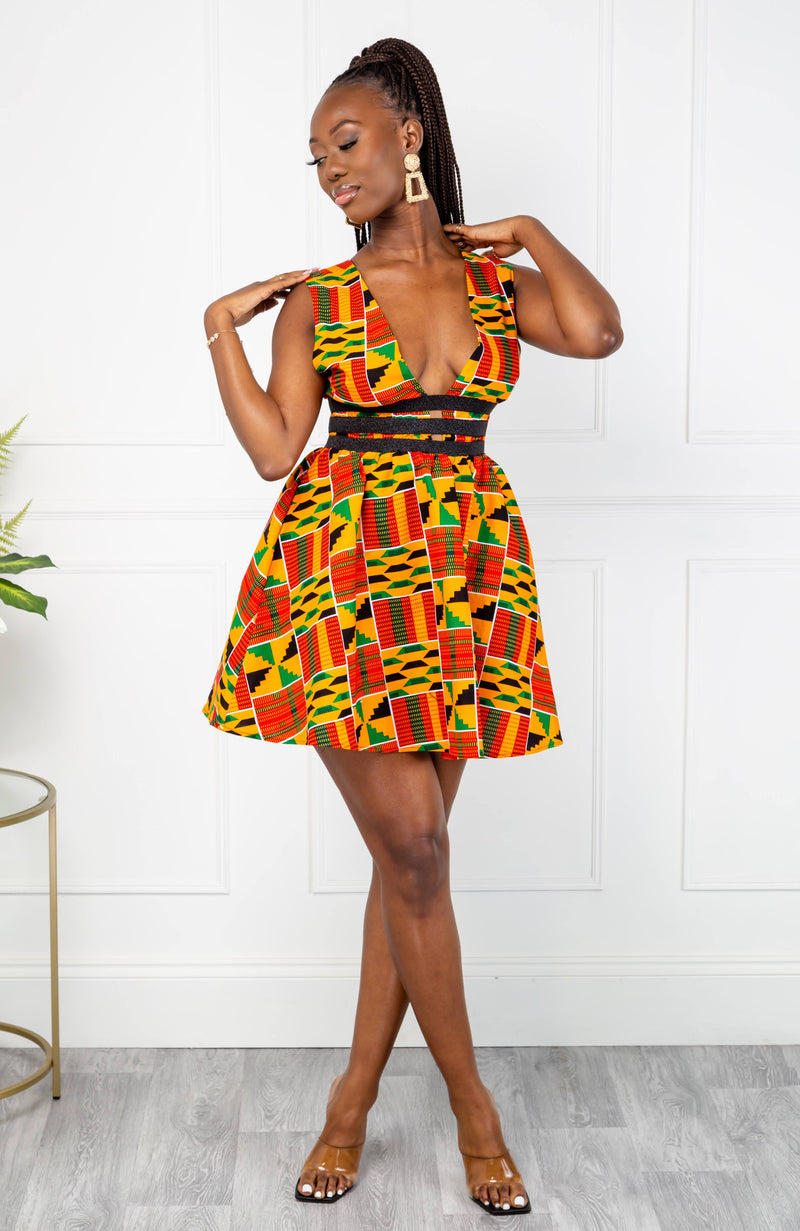 Traditional Kente African Print Plunge Neckline Mini Dress - KENYA – LAVIYE