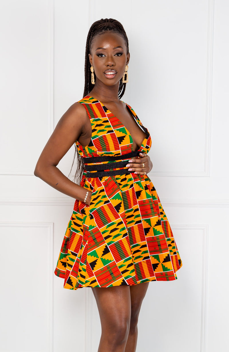 Traditional Kente African Print Plunge Neckline Mini Dress - KENYA