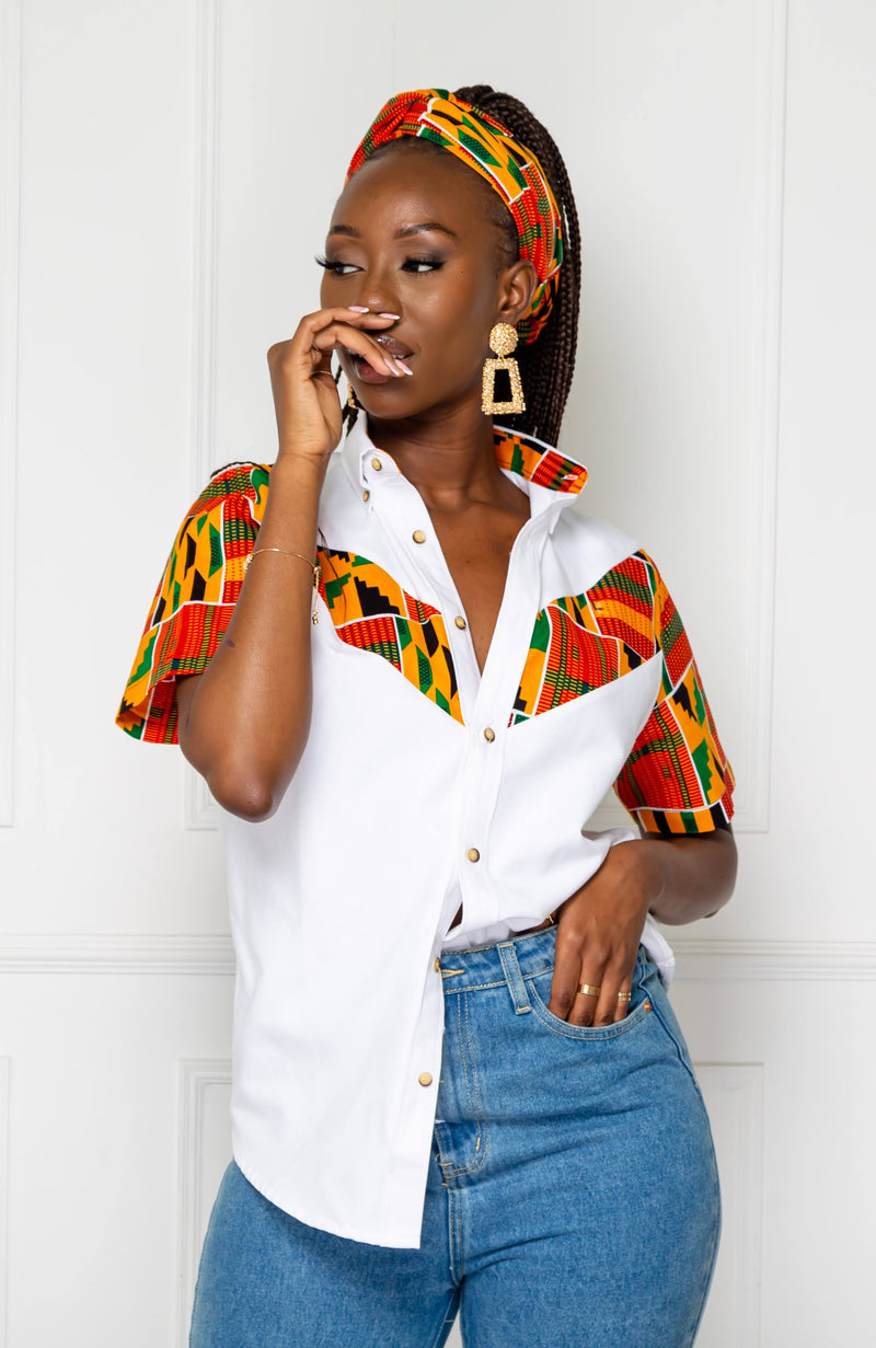 African Print V-Shaped Shirt for Women | Unisex Short Sleeve Ankara Shirt - KENYA