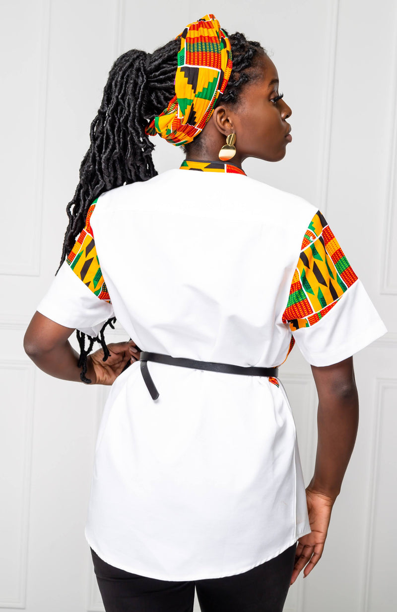 African Print Polo Shirt for Women | Unisex Kente Shirt - Short Sleeve Asymmetric Shirt - KENYA