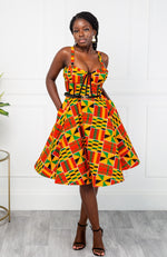 Kente African Print Fit & Flare Corset Midi Dress - KENYA