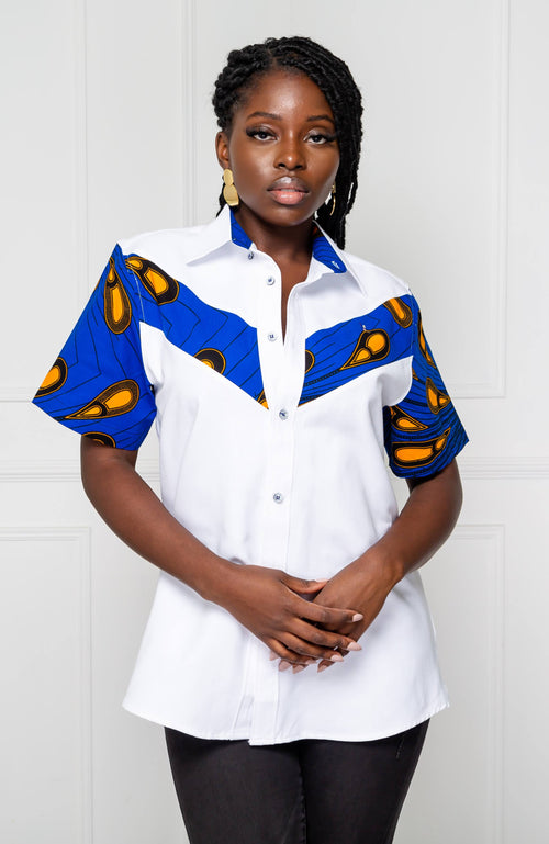 V-Shaped Ankara Shirt for Women | Unisex Short Sleeve African Print Shirt - ELLA