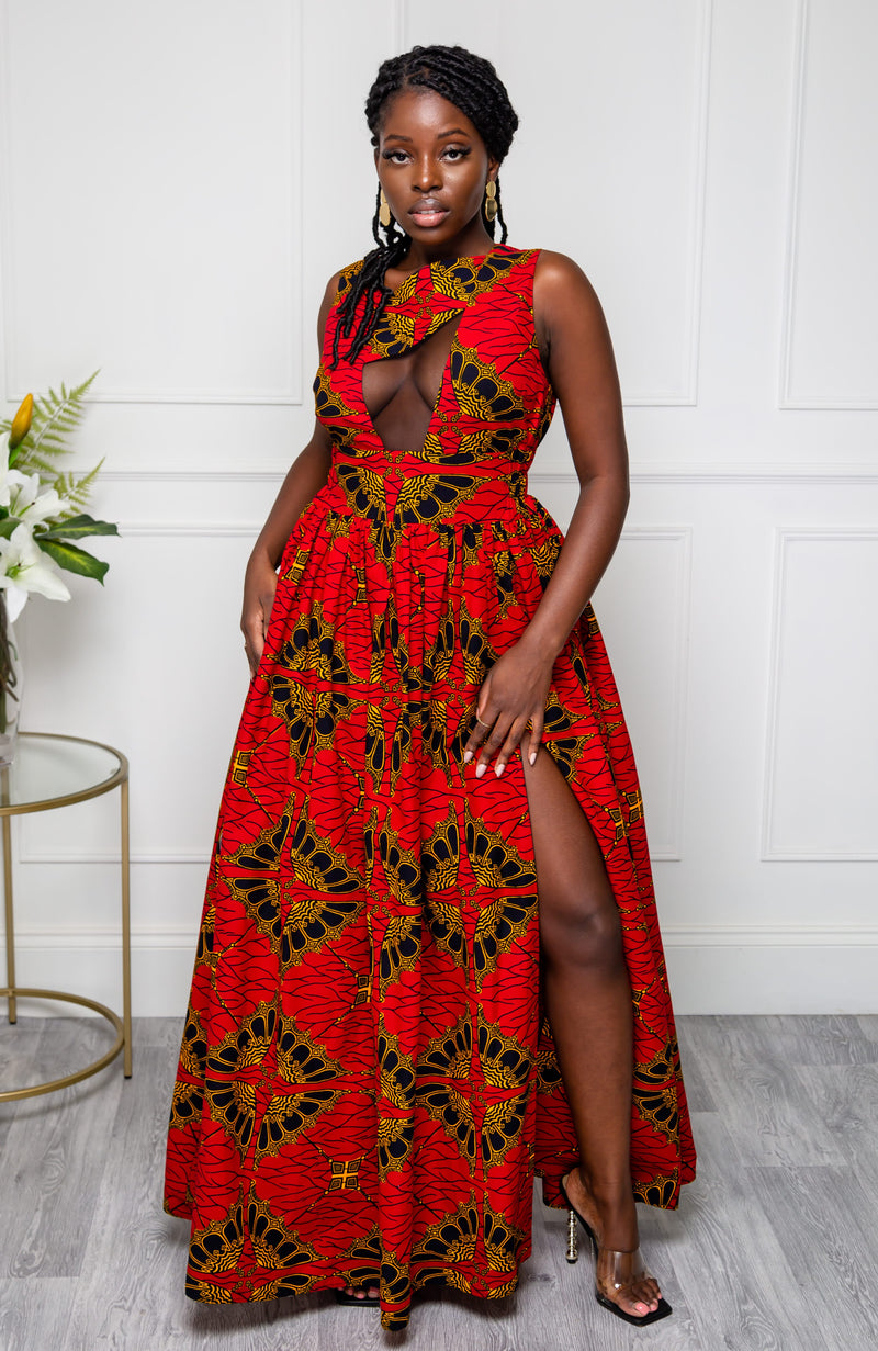 Front Mesh Panel African Print Sleeveless Maxi Dress - CORDELIA