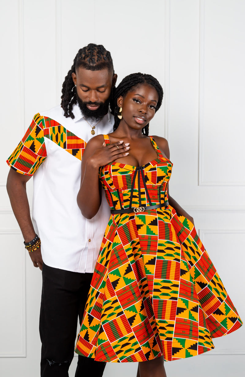 Kente African Print Fit & Flare Corset Midi Dress - KENYA – LAVIYE