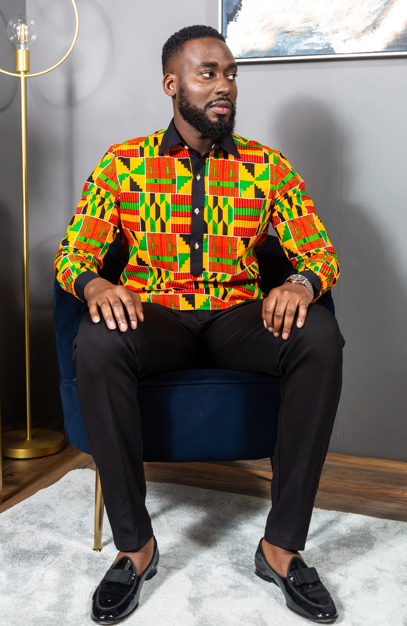 African Mens Shirts | Mens Ankara Shirt - Mens Long-sleeve Polo - KENDRICK