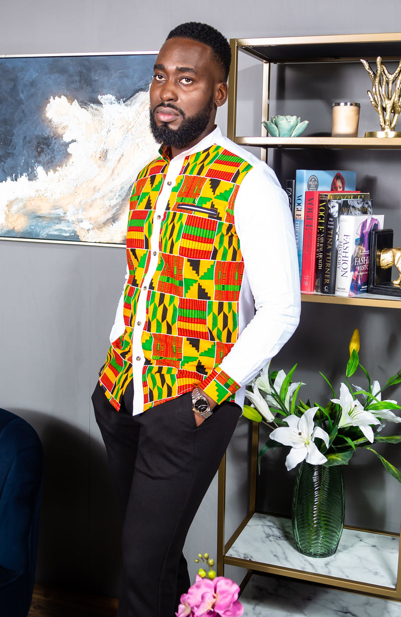 African Attire for Men | Kente Shirt for Men - Grandad Collar Patch Shirt - KENDRICK