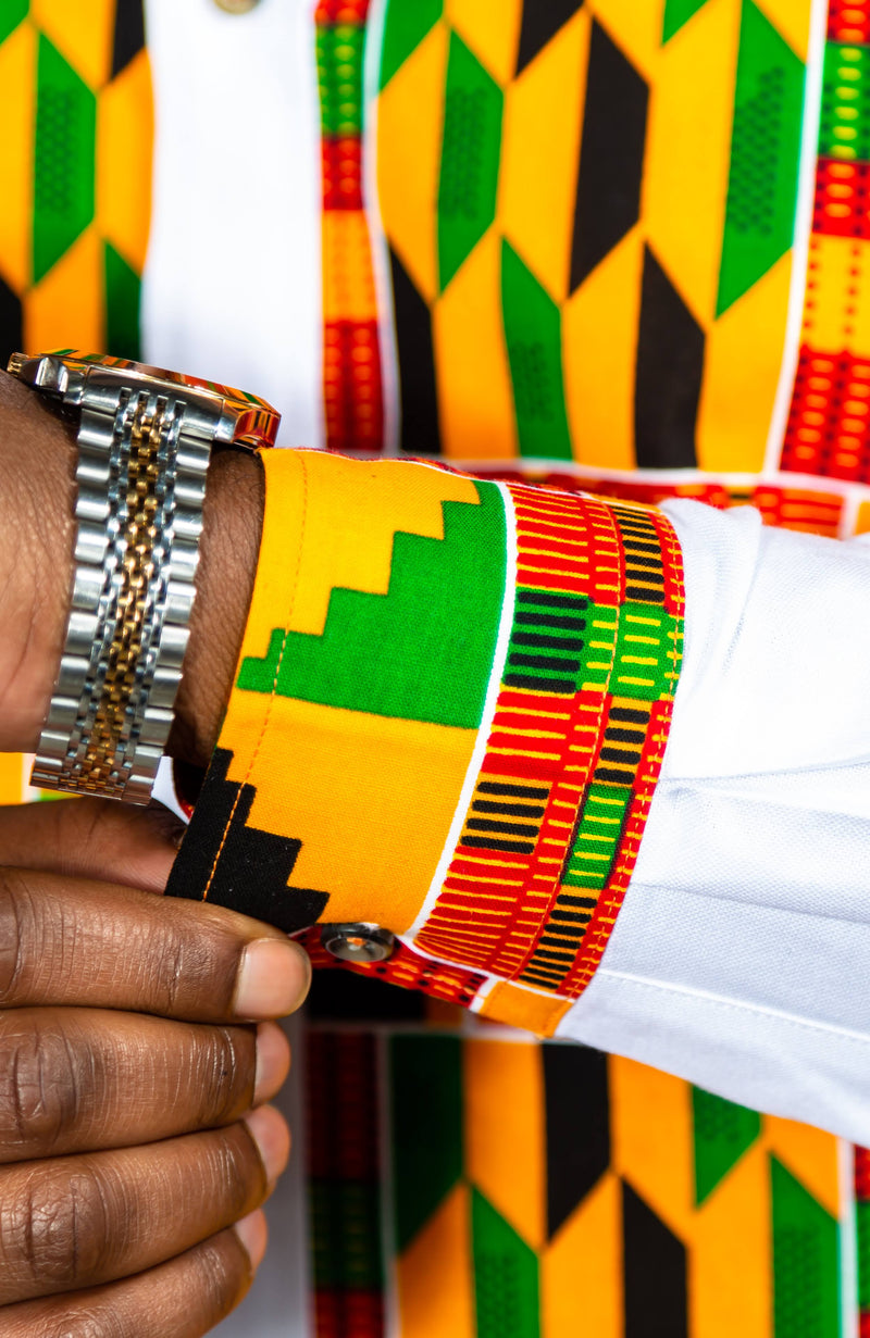 African Attire for Men | Kente Shirt for Men - Grandad Collar Patch Shirt - KENDRICK
