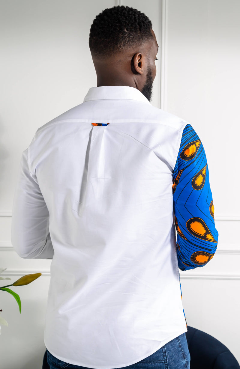 Mens Ankara Shirt | Mens African Shirt - Skinny Fit White Button Down Asymmetrical Shirt - ELIJAH