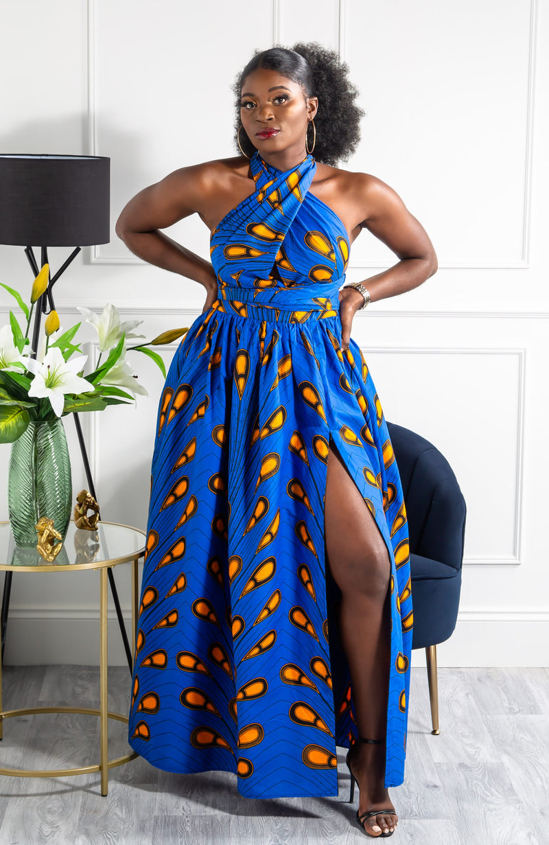 African Print Blue Infinity Multiway Maxi Dress - ELLA