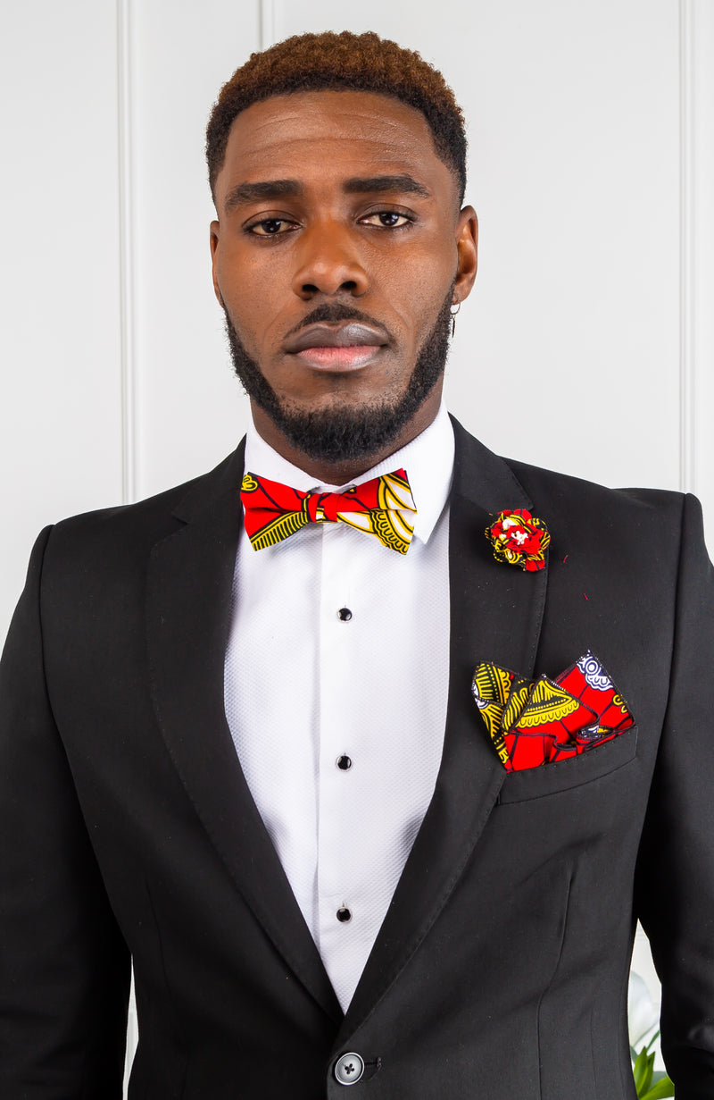 Kente African Necktie and Bow Tie Set - African Pint Wedding Tie Set 5 Pieces - DAMON