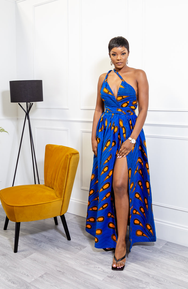 African Print Blue Infinity Multiway Maxi Dress - ELLA