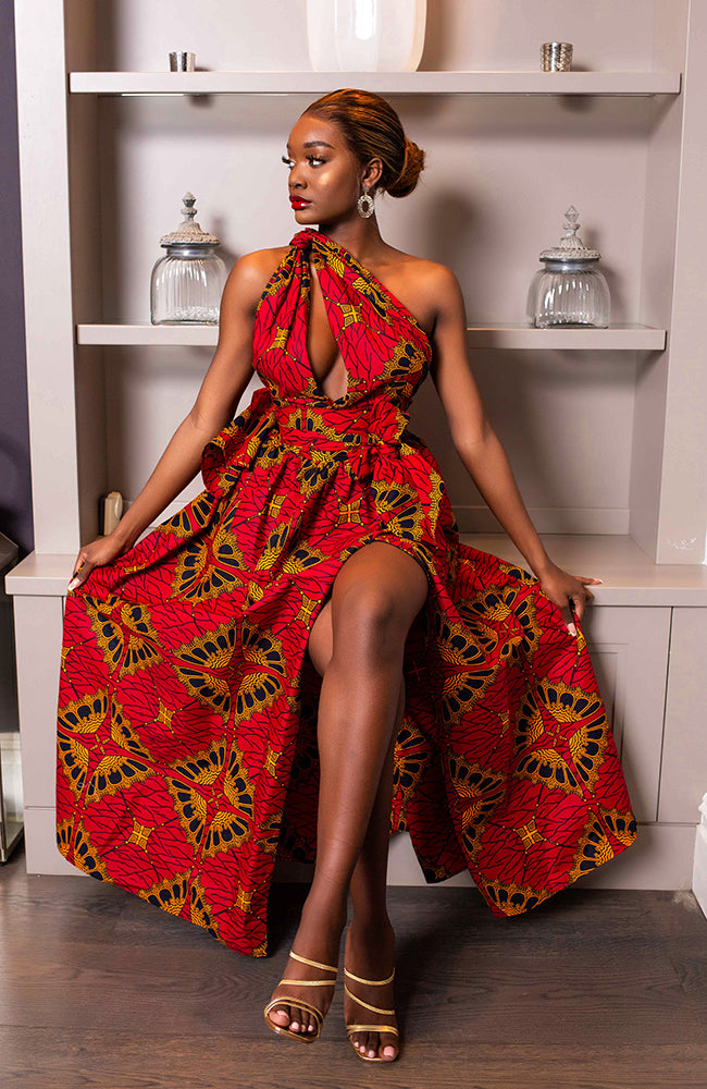 African Print Red Multiway Infinity Maxi Dress - Cordelia