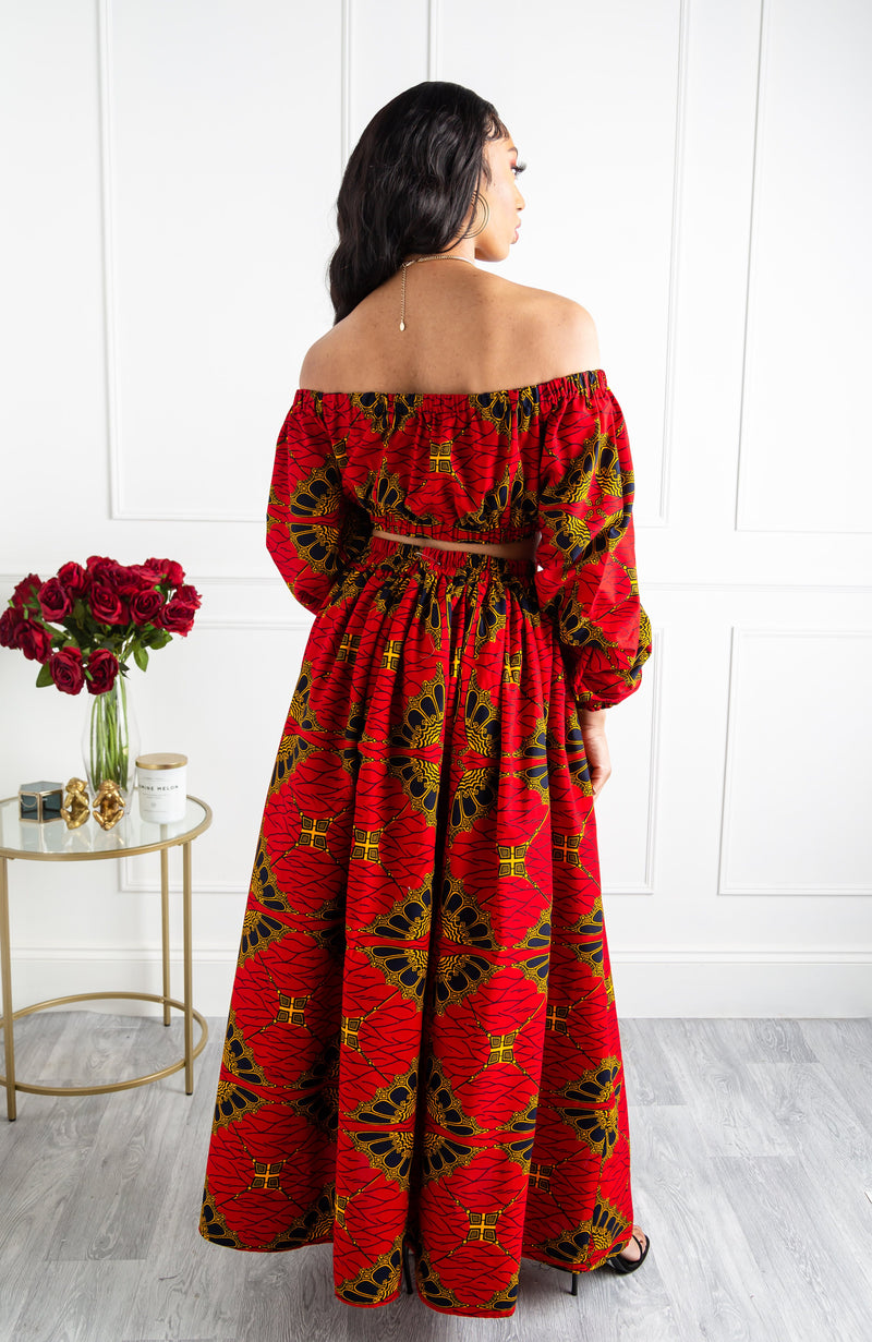 Red African Print Maxi Skirt & Crop Top Set - CORDELIA