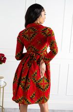 Red African Wax Shawl Collar Fit and Flare Wrap Dress - CORDELIA