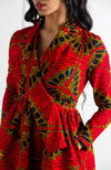 Red African Wax Shawl Collar Fit and Flare Wrap Dress - CORDELIA