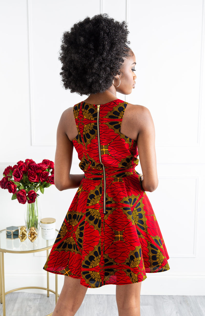 “Queen Akanni” High neck Asymmetrical Bodice Sleeveless Women's Flare Mini  Dress in Red Black and White African Ankara Kente