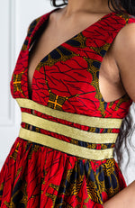 Red Ankara Plunge Neckline Maxi Dress - CORDELIA