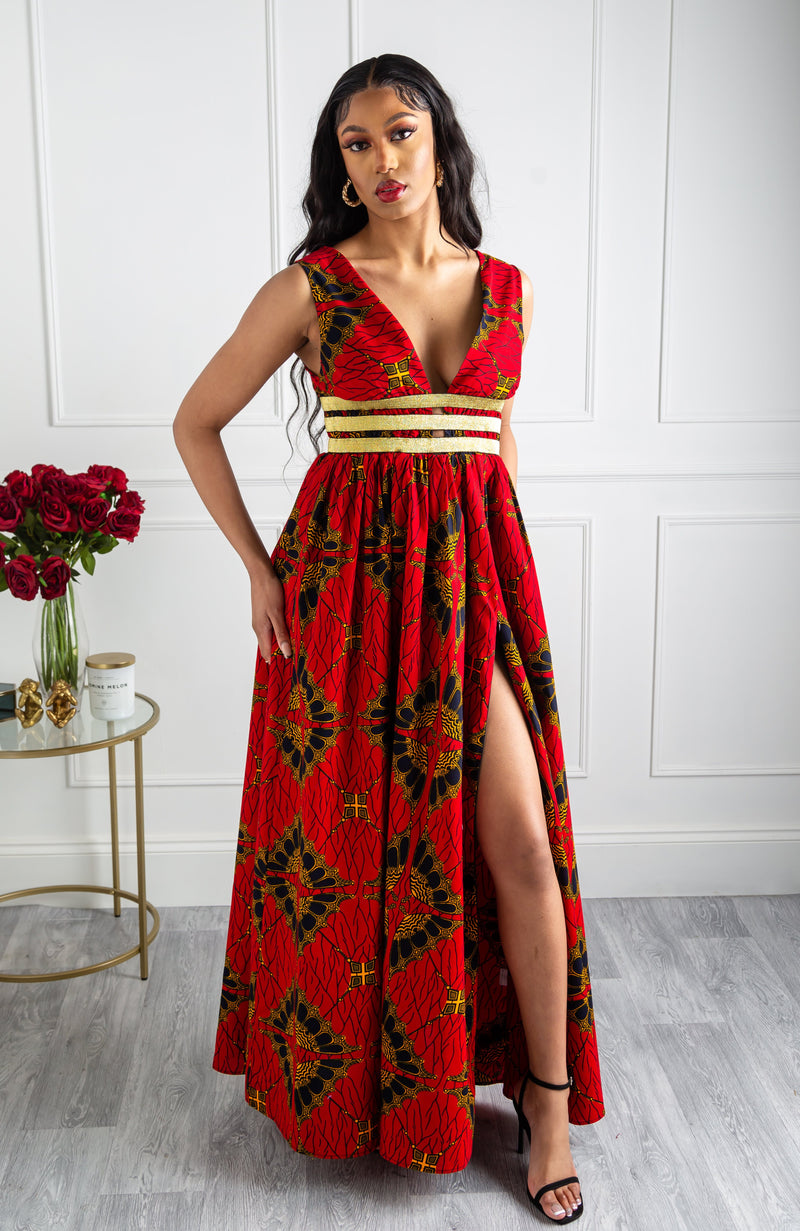 Red Ankara Plunge Neckline Maxi Dress - CORDELIA