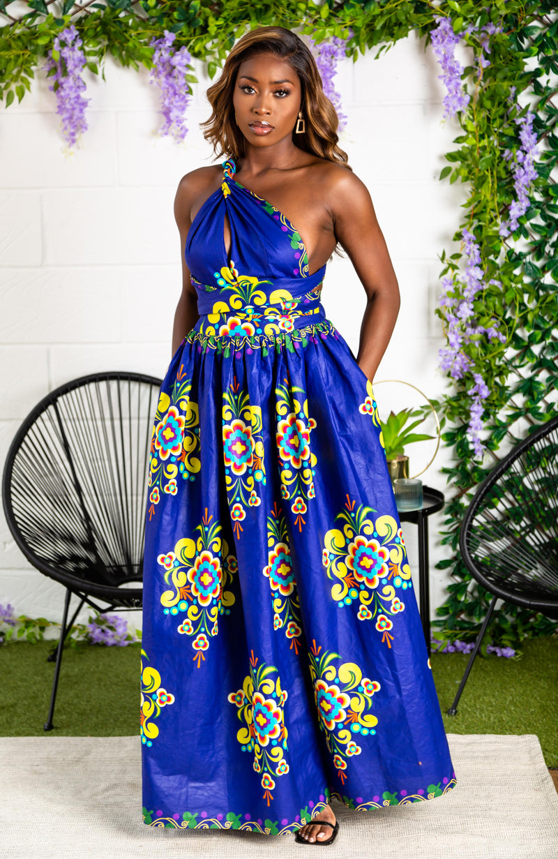 African Print Blue Infinity Multiway Maxi Dress - FRANCA – LAVIYE
