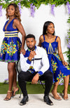 Blue African Print Plunge Neckline Mini Dress - FRANCA