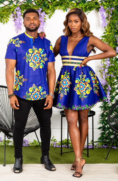 Blue African Print Plunge Neckline Mini Dress - FRANCA