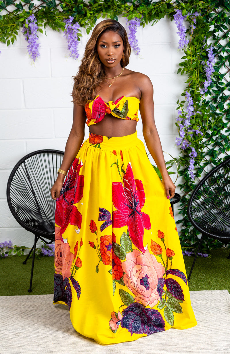 Women Floral Maxi Yellow Skirt and Scarf - CARLA