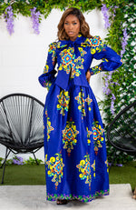 Blue Floral African Print Pussybow Ankara Maxi Dress - FRANCA